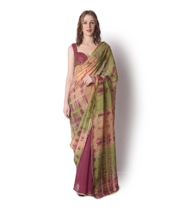 shwetanga multi-colour mataari-ii tie-dye saree paired with hand embroidered blouse