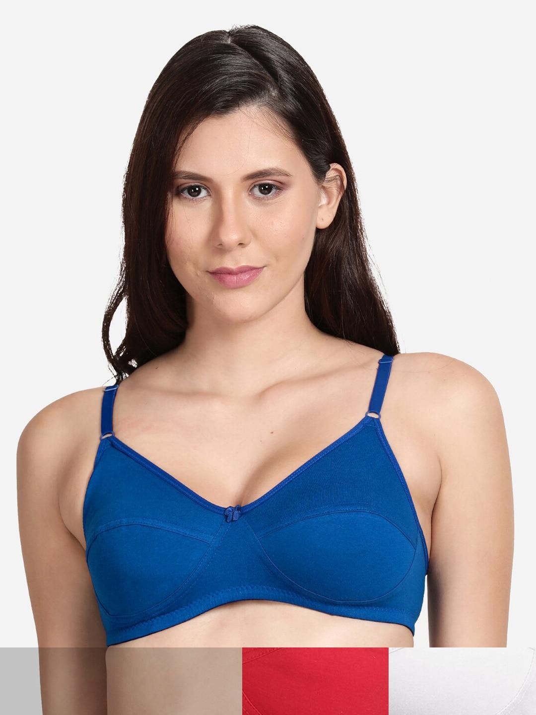 shyaway red & blue cotton pack of 3 medium coverage bra