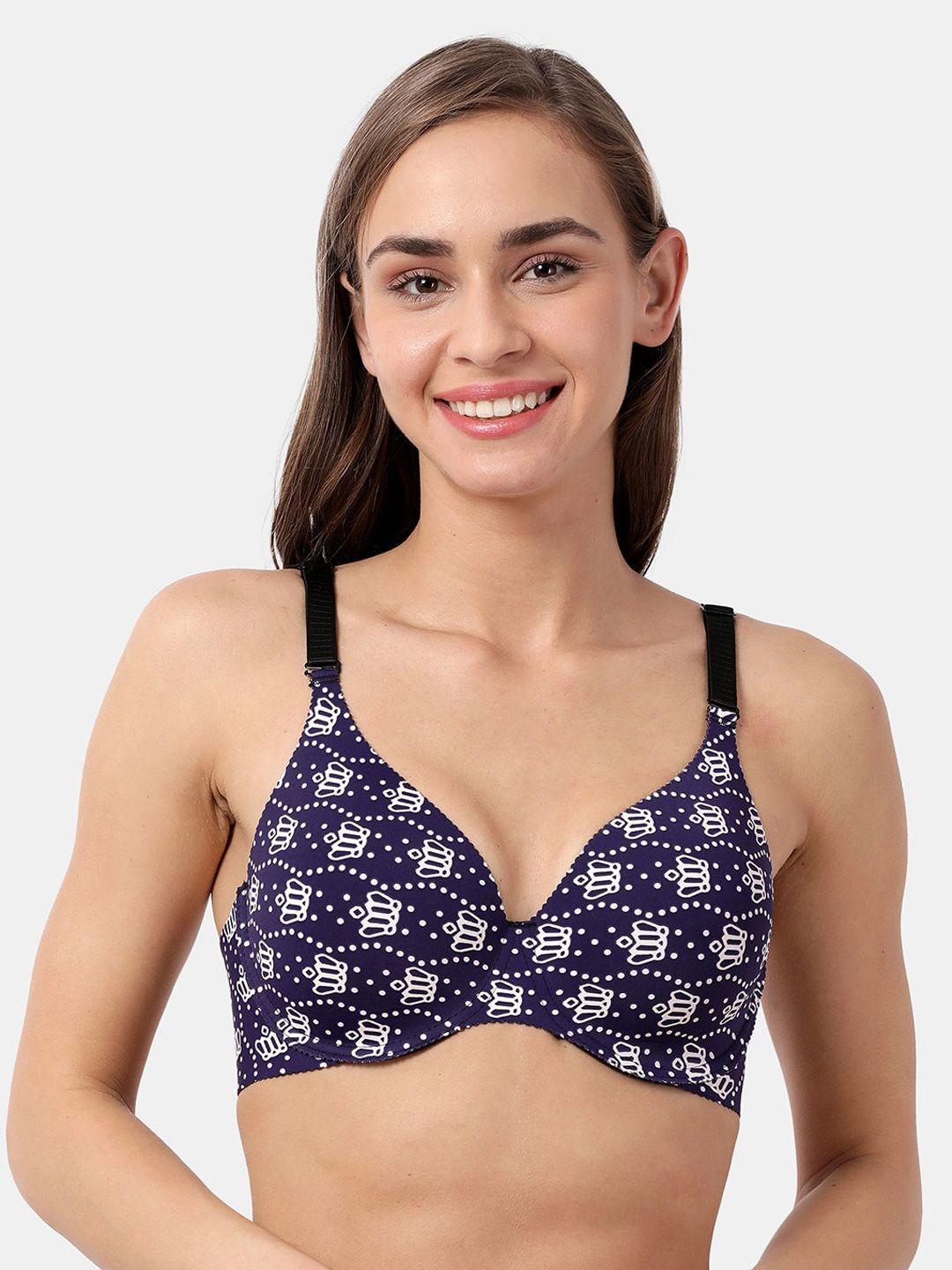 shyaway navy blue & white printed under-wired lightly padded everyday bra sy91028