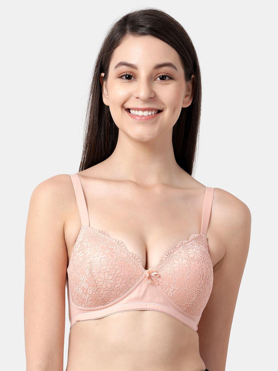 shyaway peach-coloured lace non-wired lightly padded everyday bra st002-alesanskin-32b