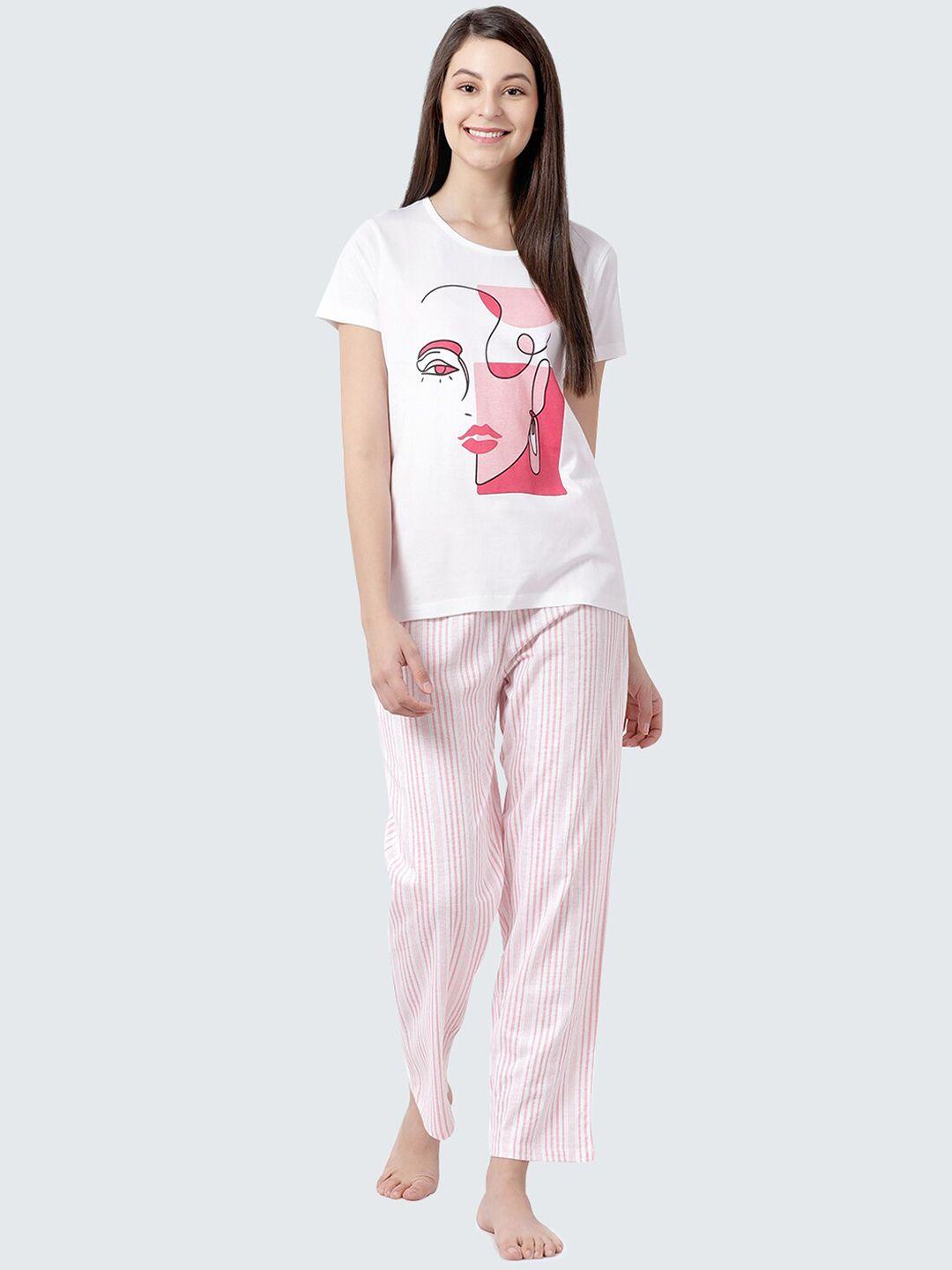 shyaway women pink & white printed night suit