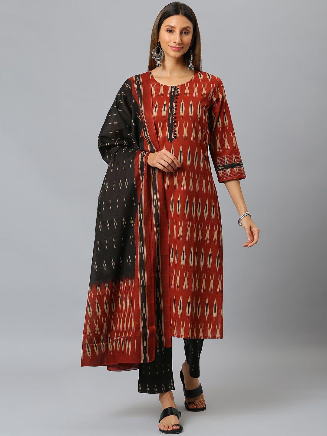 siah women maroon & black printed regular pure cotton kurta with trousers & dupatta