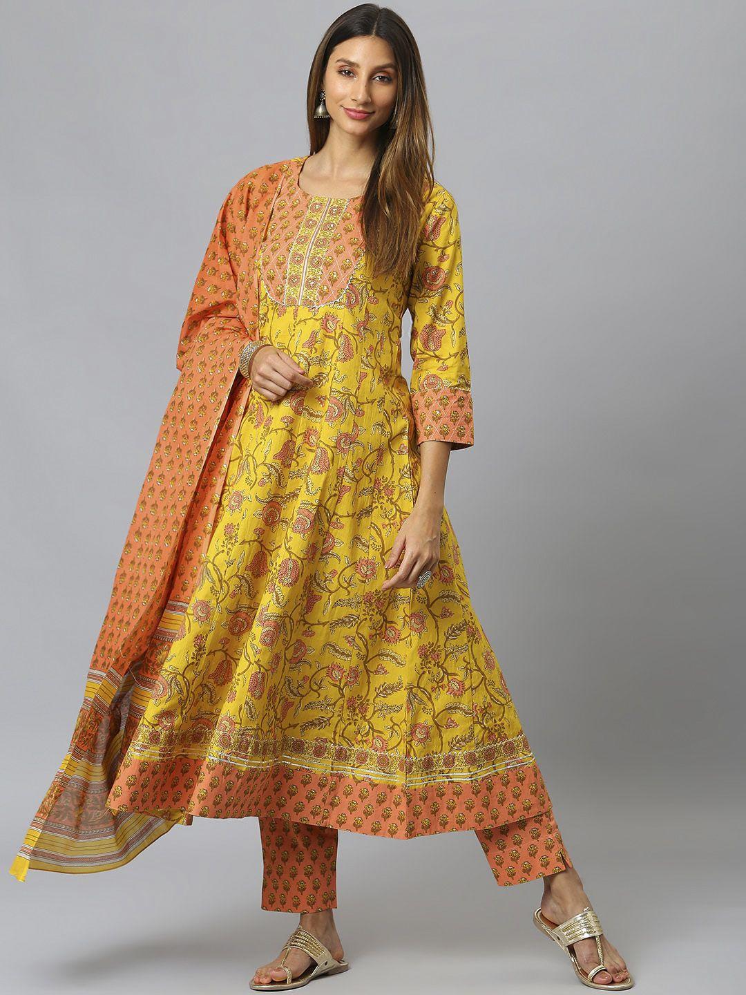 siah women yellow ethnic motifs printed empire pure cotton kurta with trousers & with dupatta
