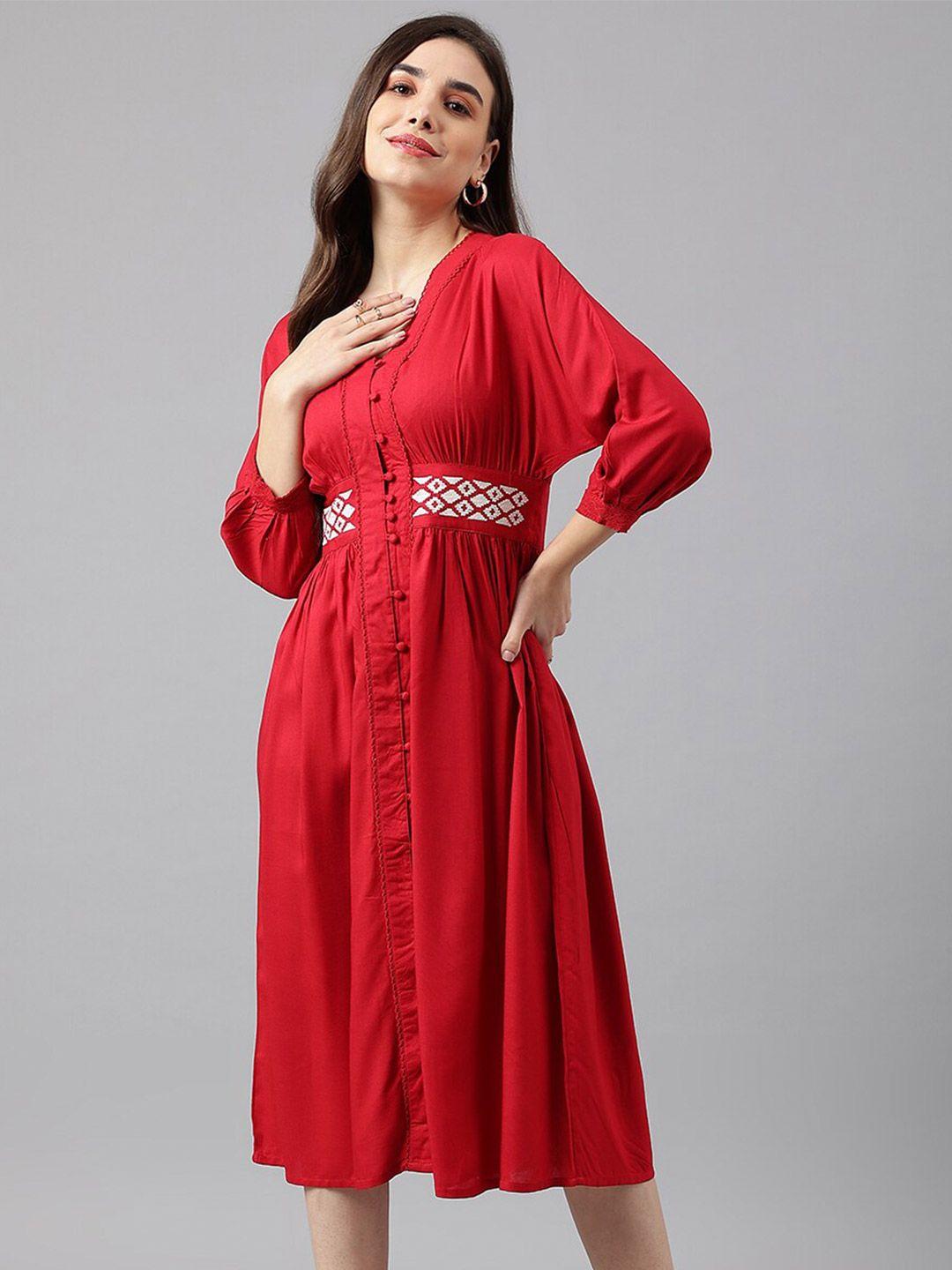 siah maroon ethnic a-line midi dress