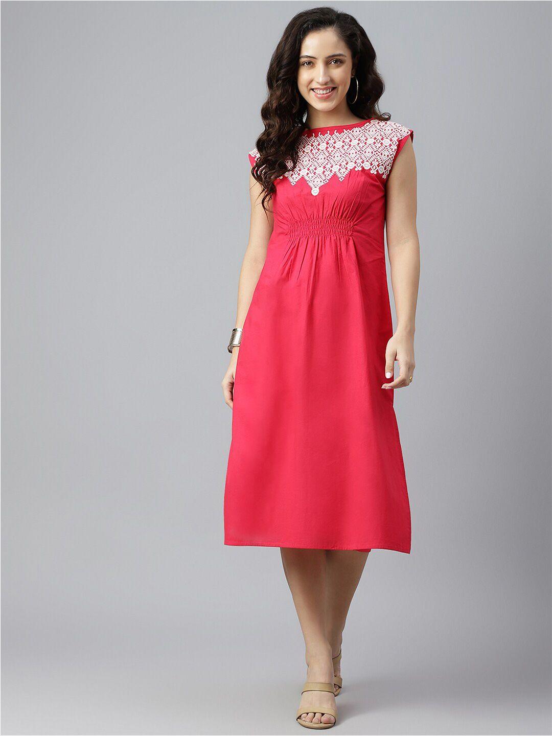 siah pink solid a-line midi dress