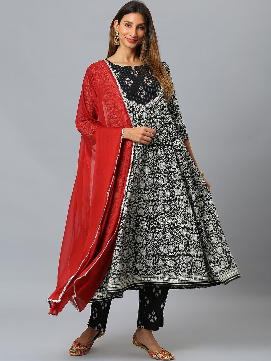 siah women black ethnic motifs printed empire thread work pure cotton kurta with trousers & with dupatta