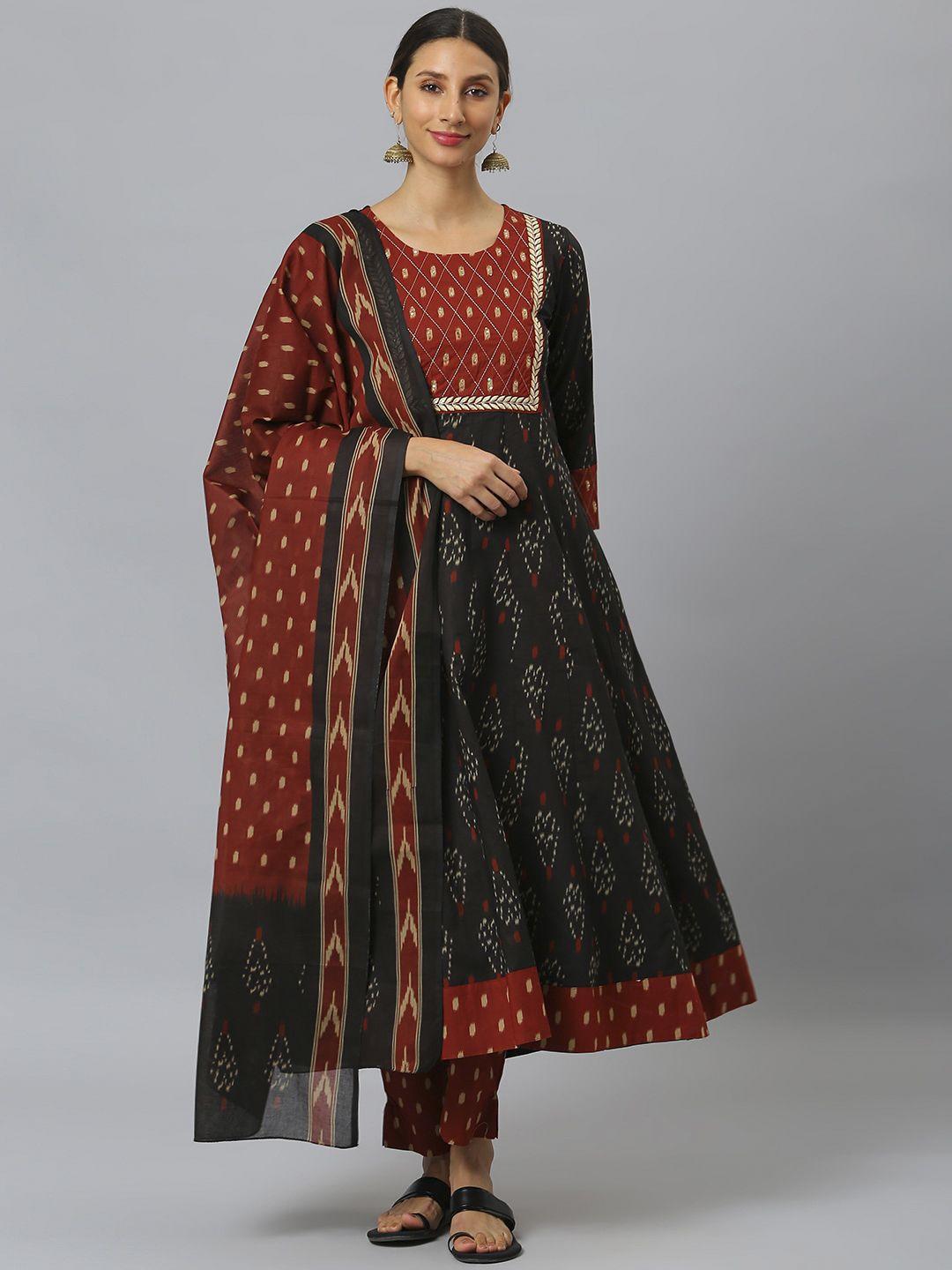 siah women black ethnic motifs printed regular sequinned pure cotton kurta with churidar & with dupatta