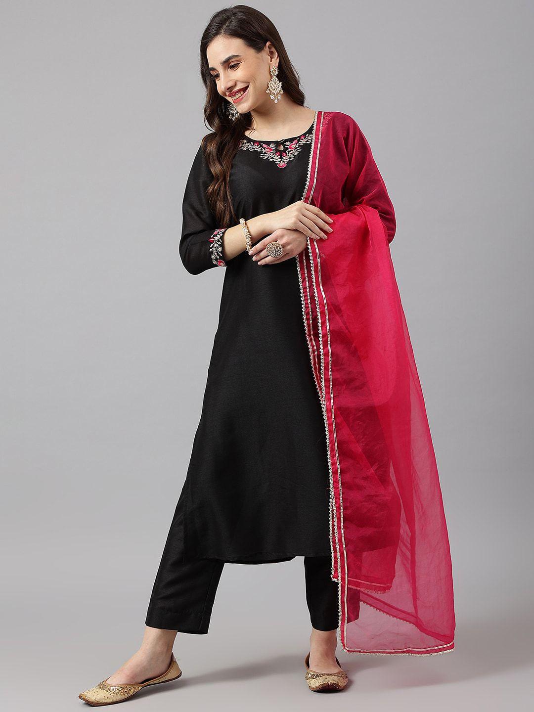 siah women black silk crepe kurta with trousers & with dupatta