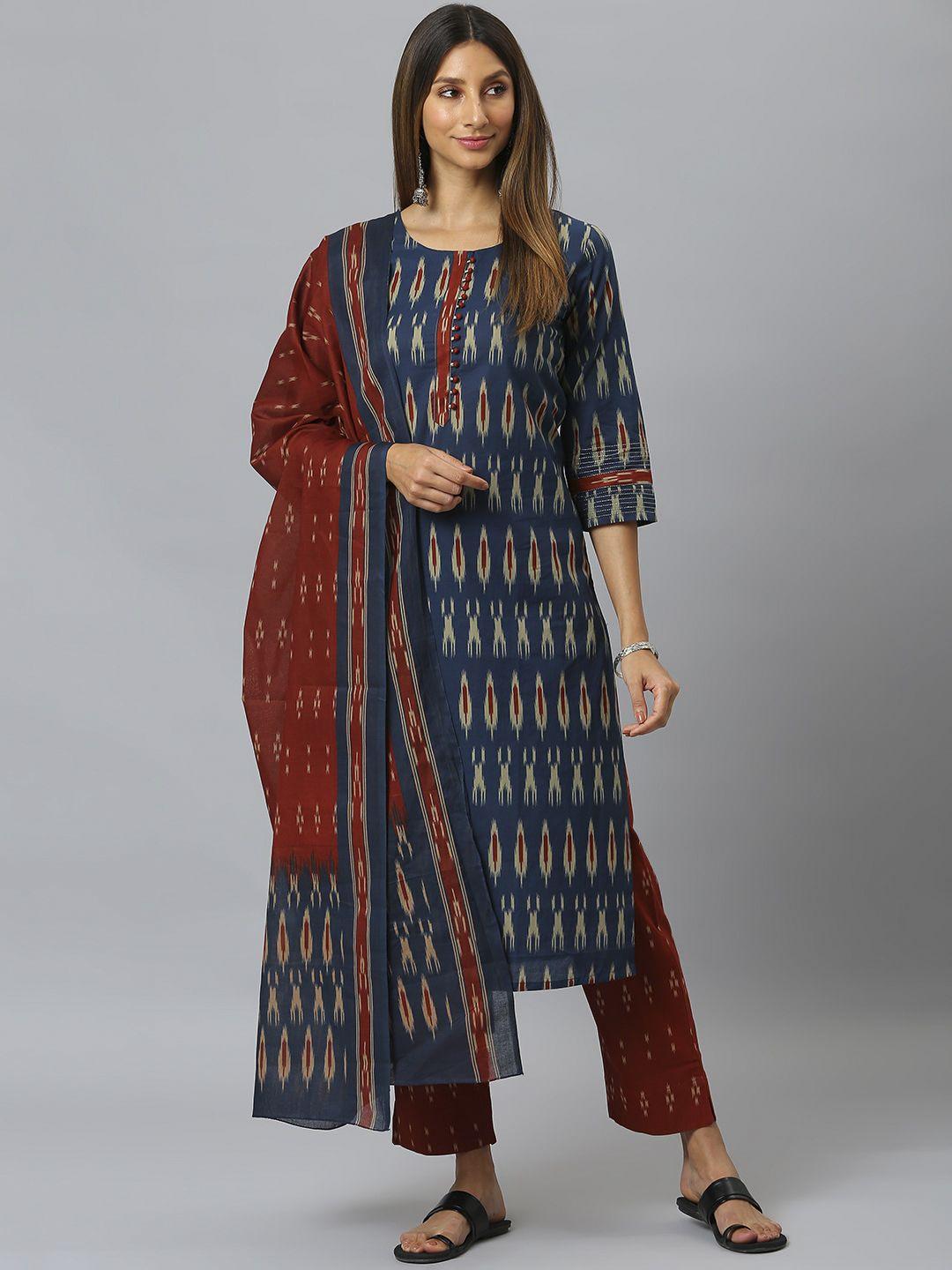 siah women blue & red printed regular pure cotton kurta with trousers & dupatta