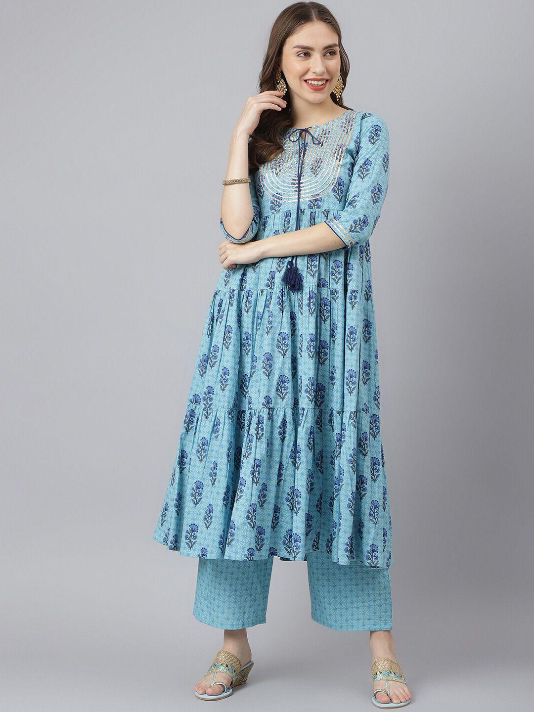 siah women blue ethnic motifs printed panelled gotta patti pure cotton kurta with palazzos