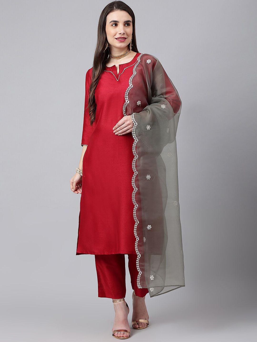 siah women maroon silk crepe kurta with trousers & with dupatta