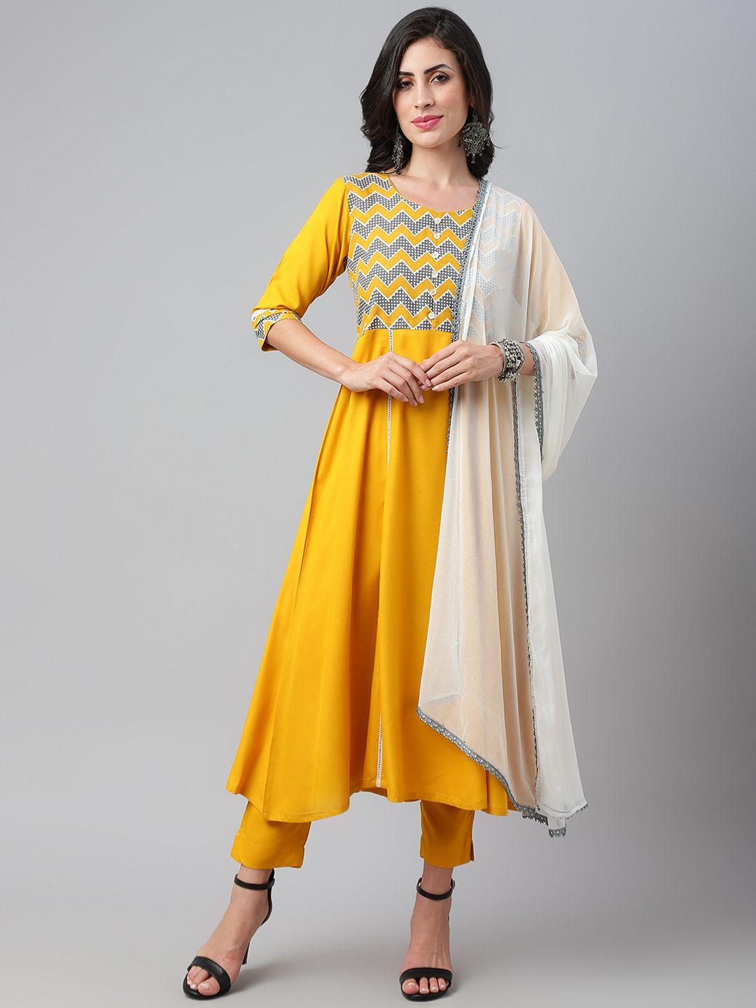 siah women mustard yellow yoke design empire pure cotton kurta with trousers & with dupatta