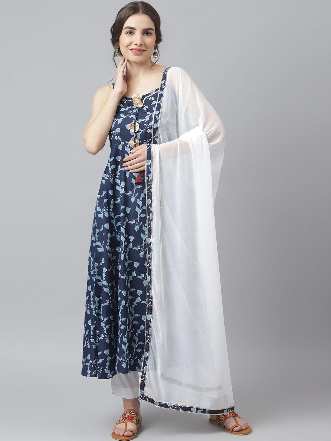 siah women navy blue & white floral printed pure cotton kurta with trousers & dupatta