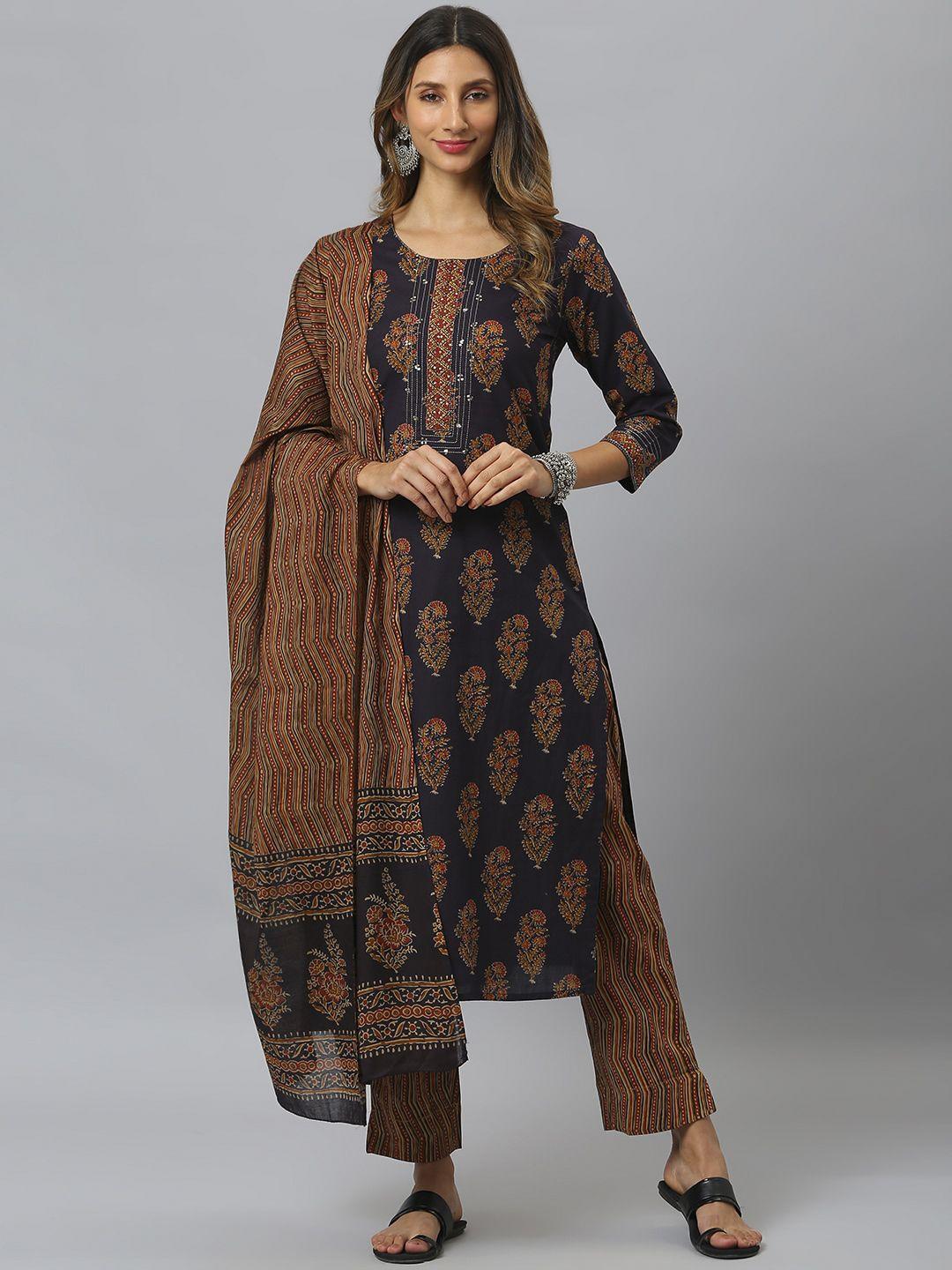 siah women navy blue ethnic motifs printed regular sequinned pure cotton kurta with trousers & with dupatta
