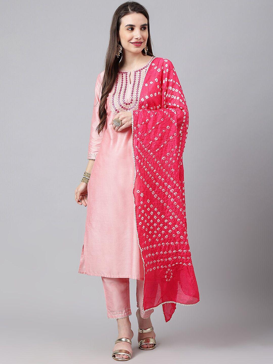 siah women peach-coloured ethnic motifs embroidered mirror work kurta with trousers & with dupatta