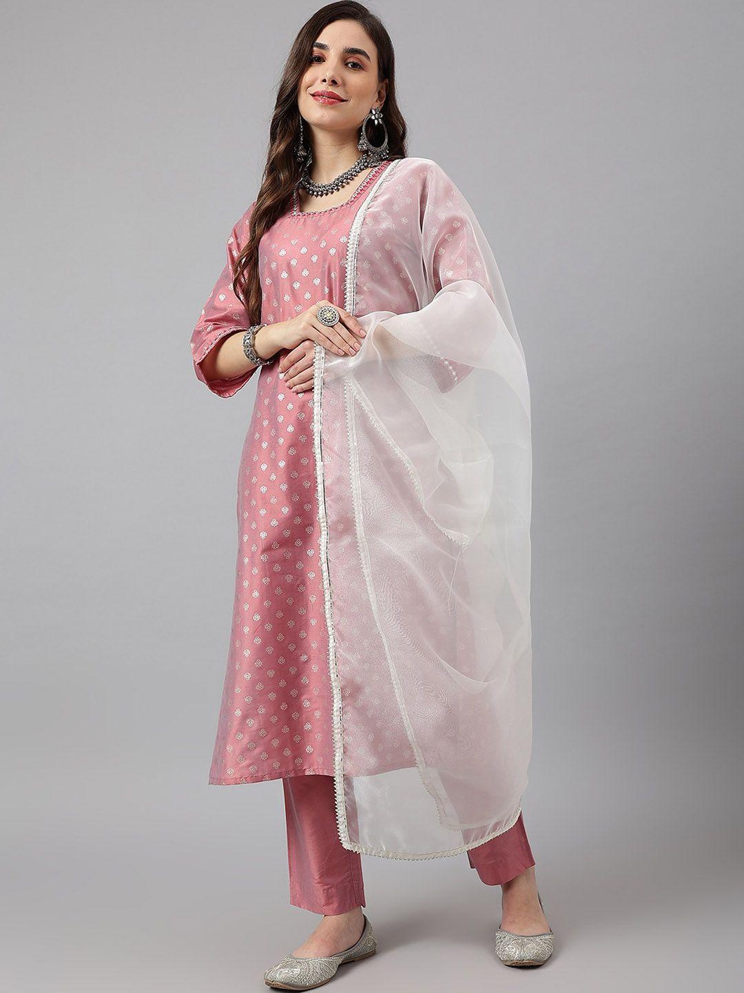 siah women pink ethnic motifs printed kurta with trousers & with dupatta