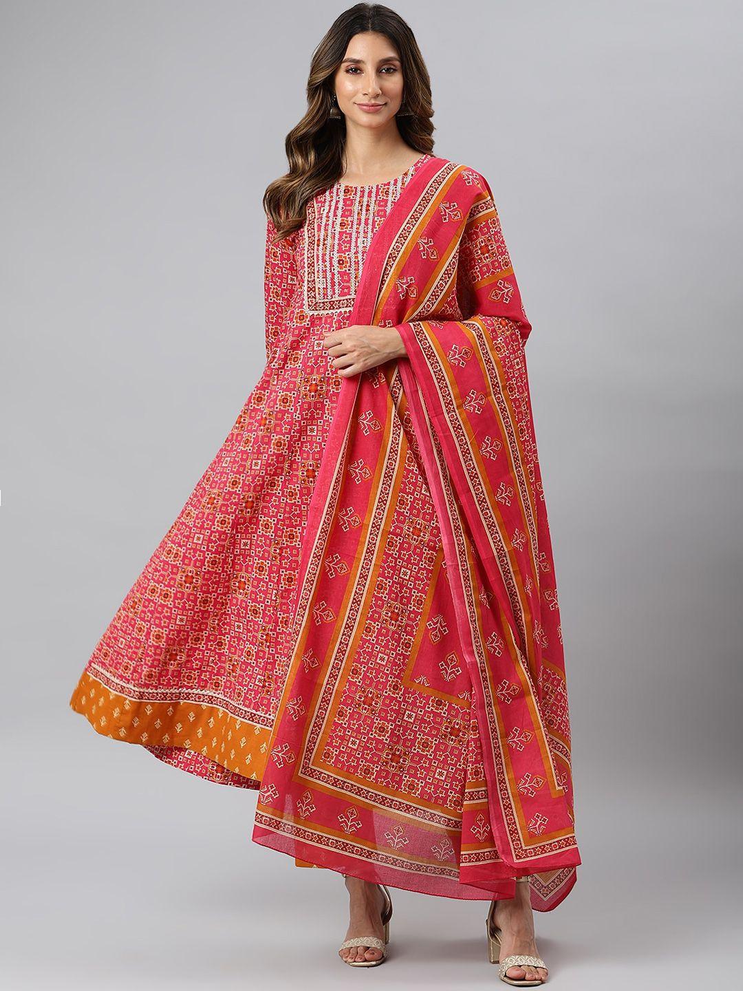 siah women pink ethnic motifs printed panelled gotta patti pure cotton kurta with trousers & with dupatta