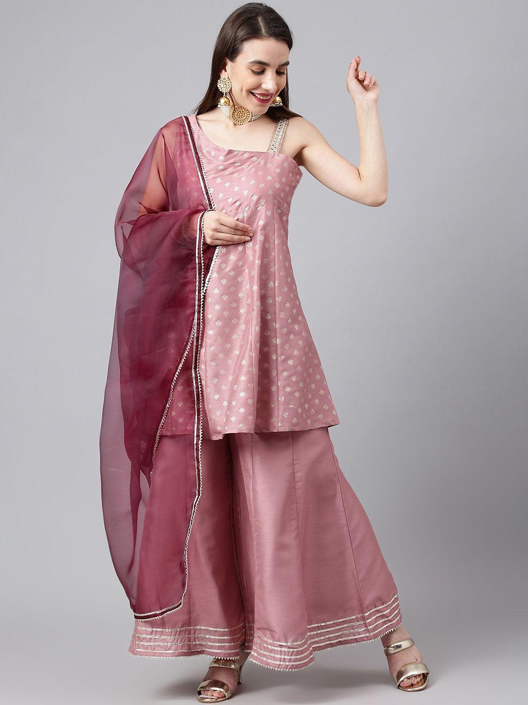 siah women pink printed silk crepe kurta with sharara & with dupatta