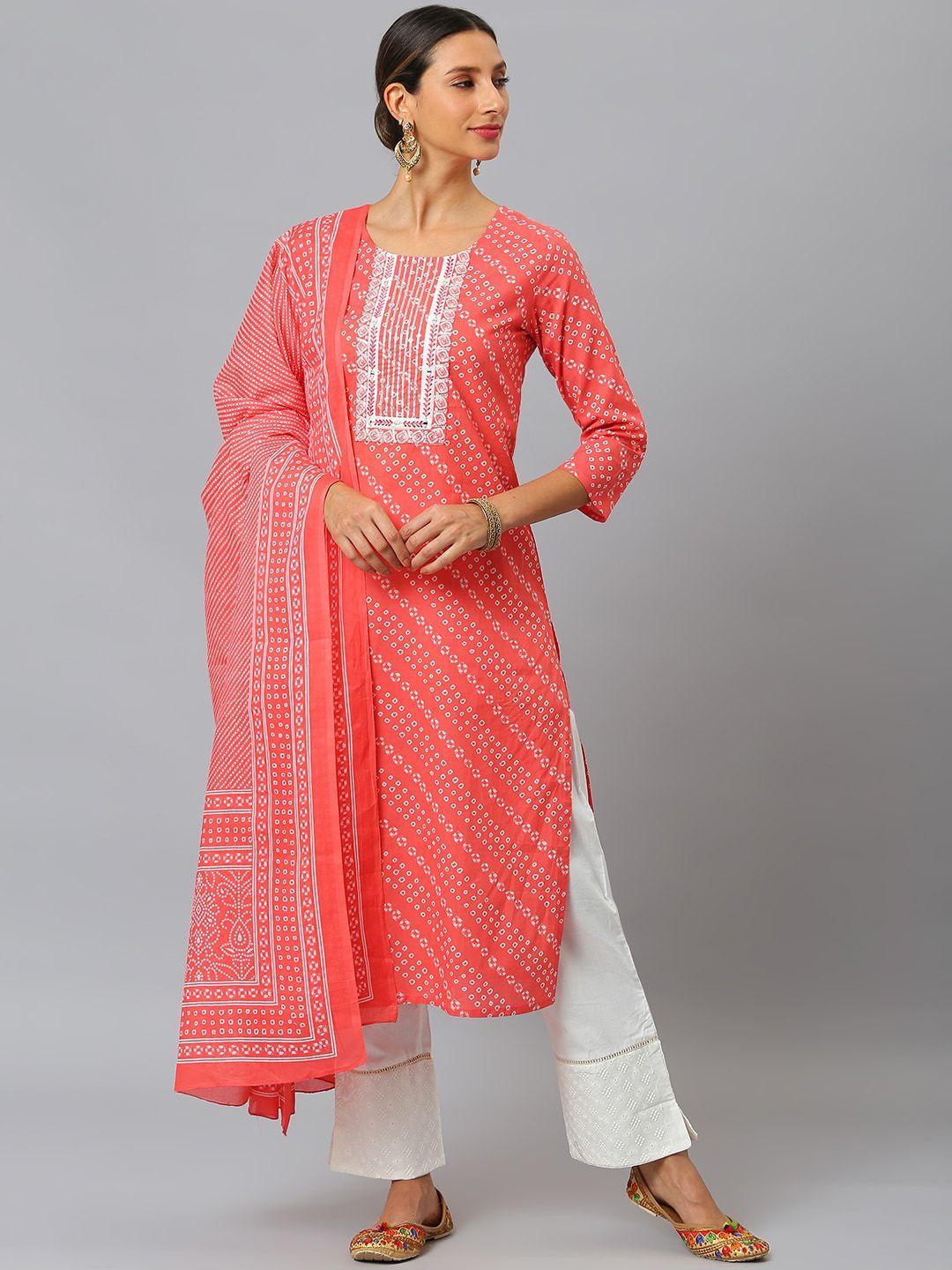 siah women pink striped regular mirror work pure cotton kurta with trousers & with dupatta