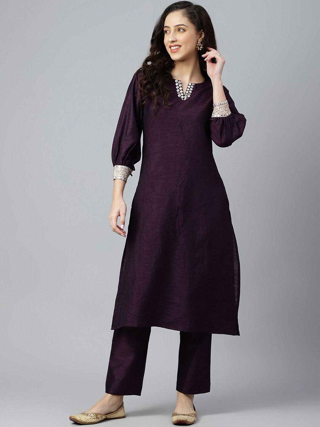 siah women purple mirror work kurta with trousers