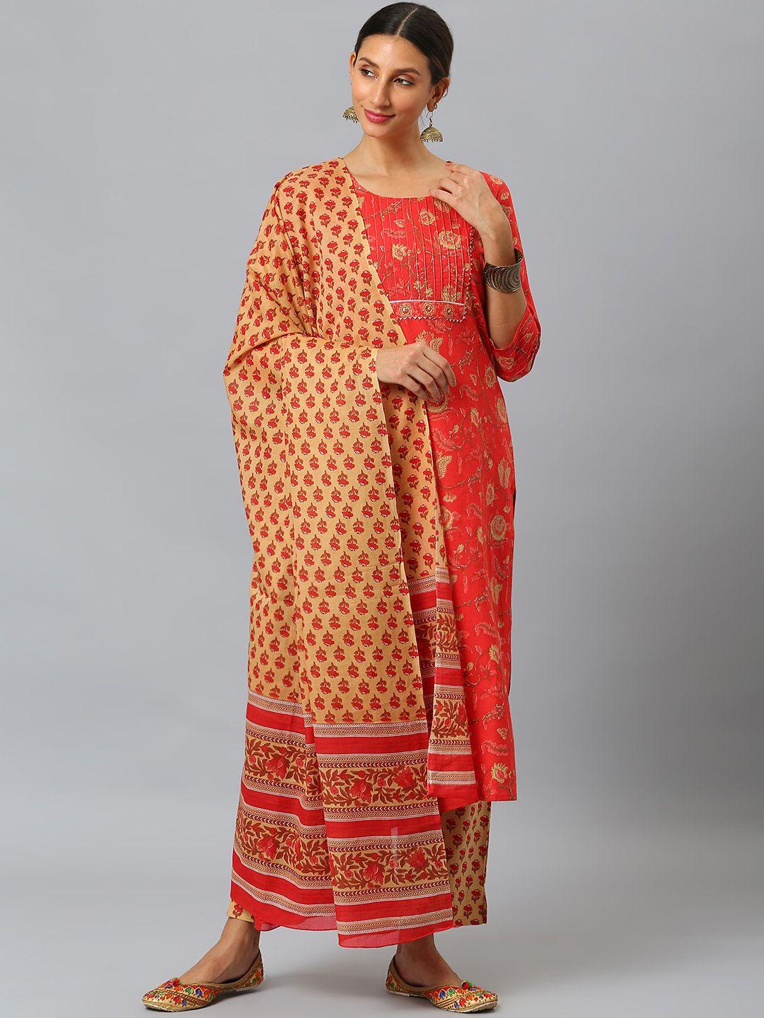 siah women red & yellow floral printed pure cotton kurta with trousers & dupatta