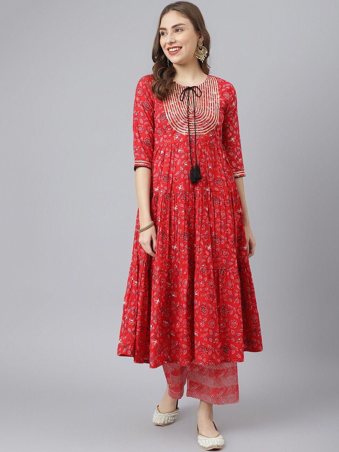 siah women red ethnic motifs printed gotta patti pure cotton kurta with palazzos