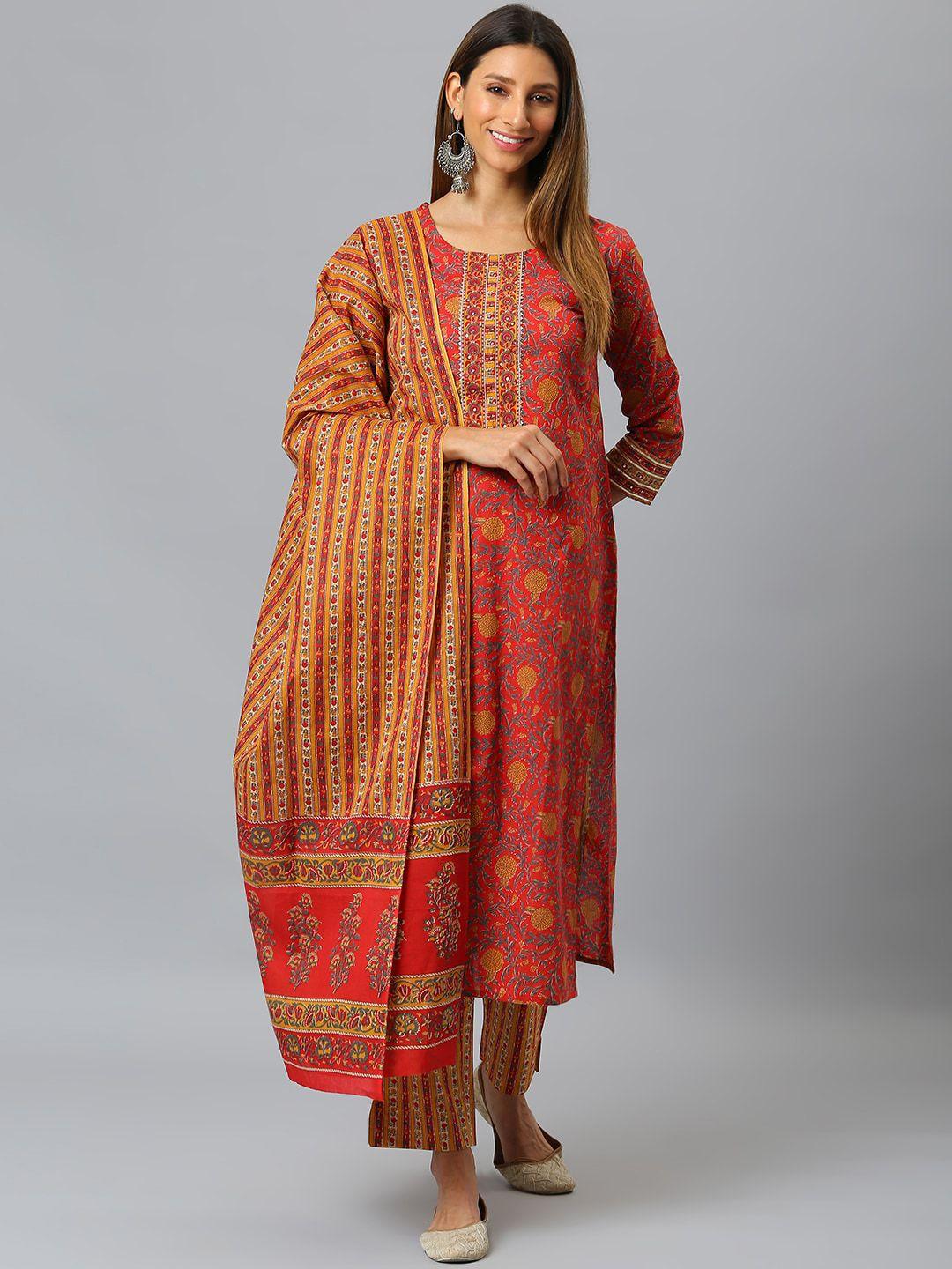 siah women red ethnic motifs printed regular pure cotton kurta with trousers & with dupatta