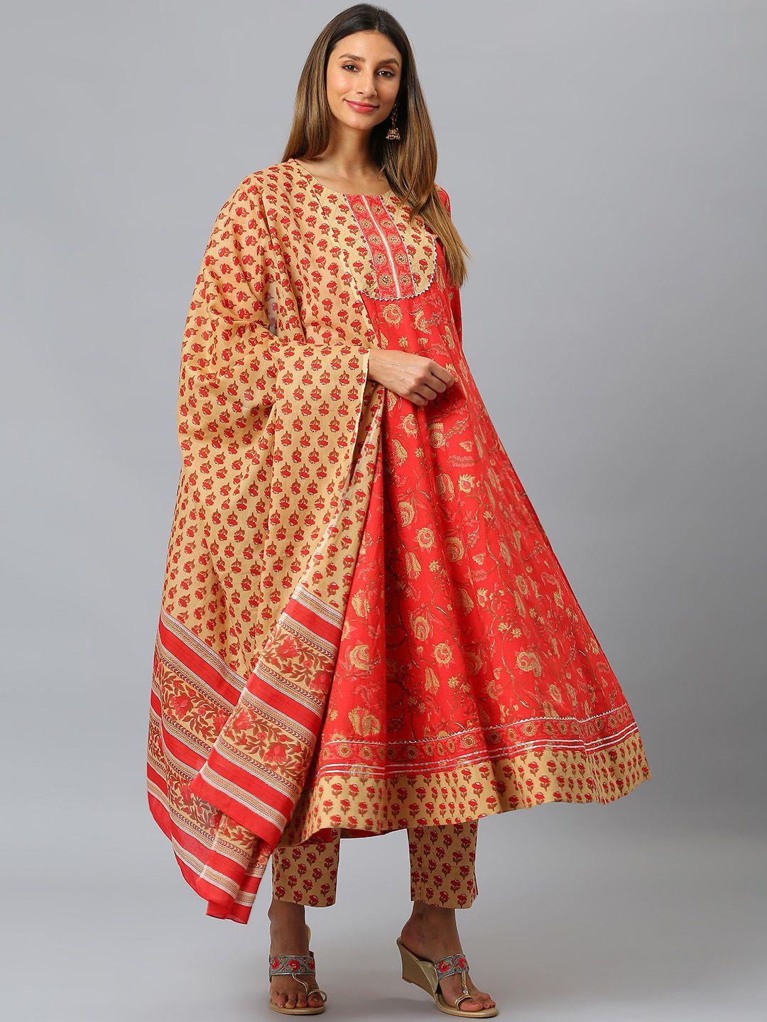 siah women red printed empire sequinned pure cotton kurta with trousers & with dupatta
