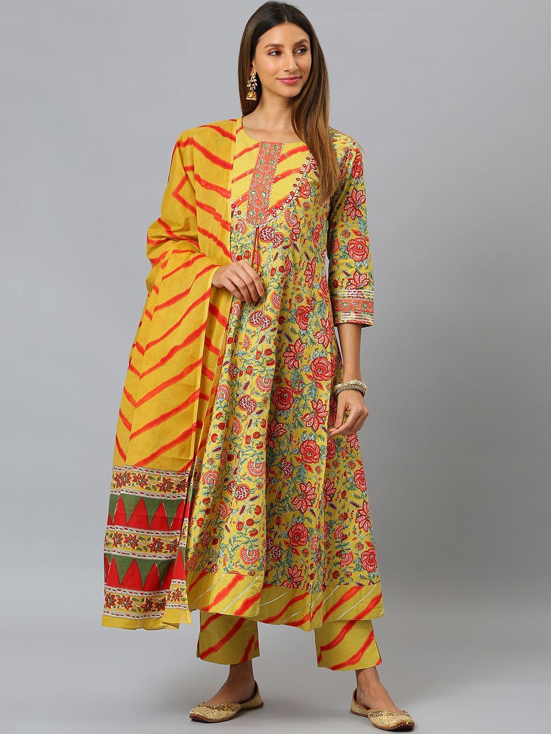 siah women yellow printed empire sequinned pure cotton kurti with trousers & with dupatta