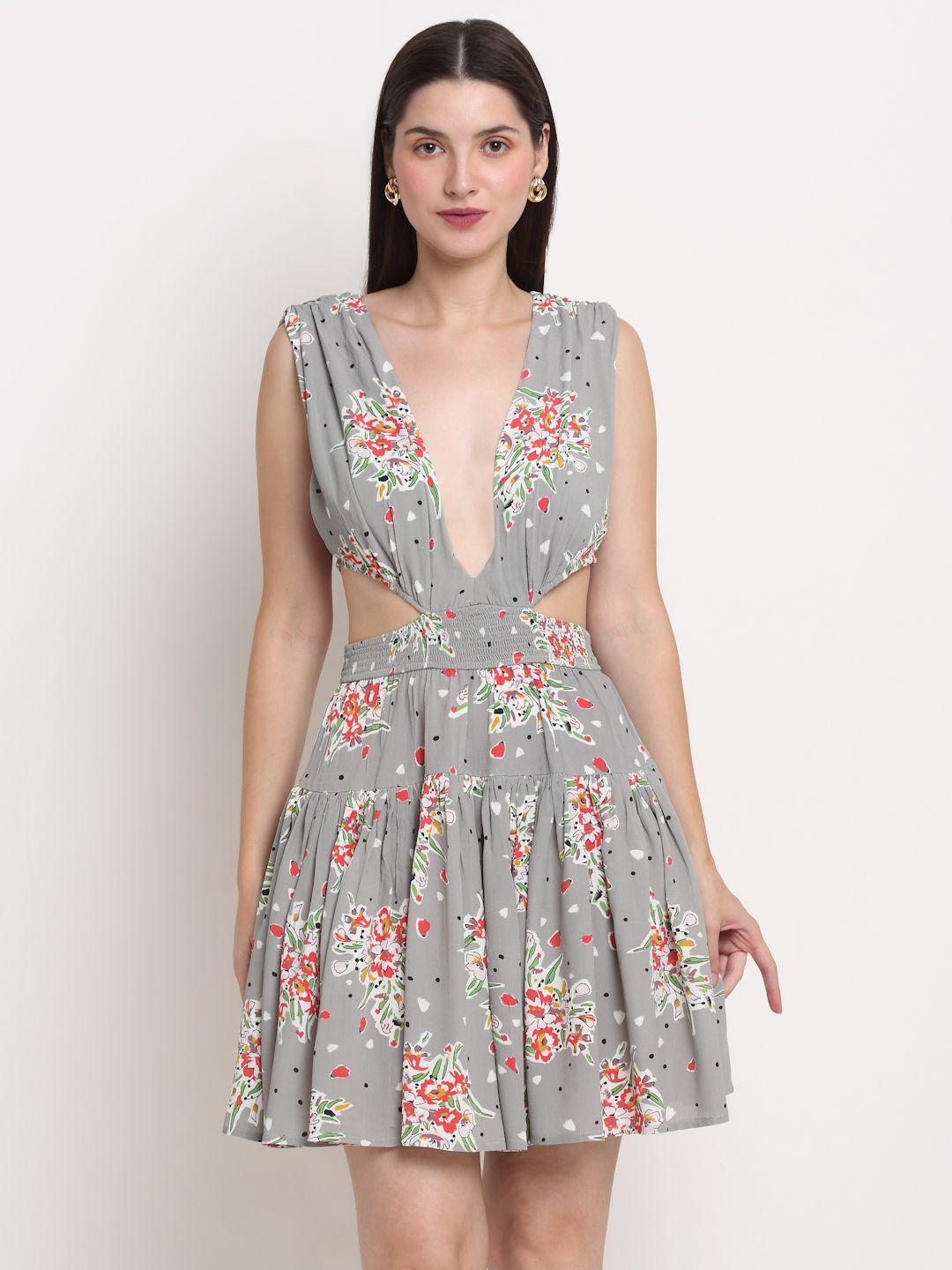 siavira grey & red floral fit & flare dress