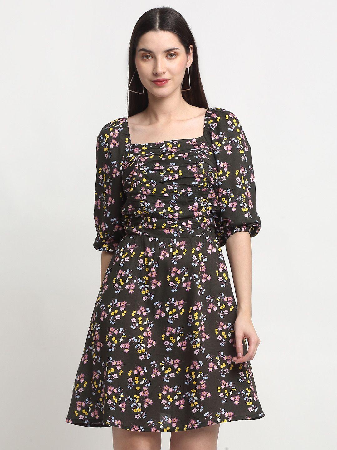 siavira floral print square neck puff sleeves fit & flare dress