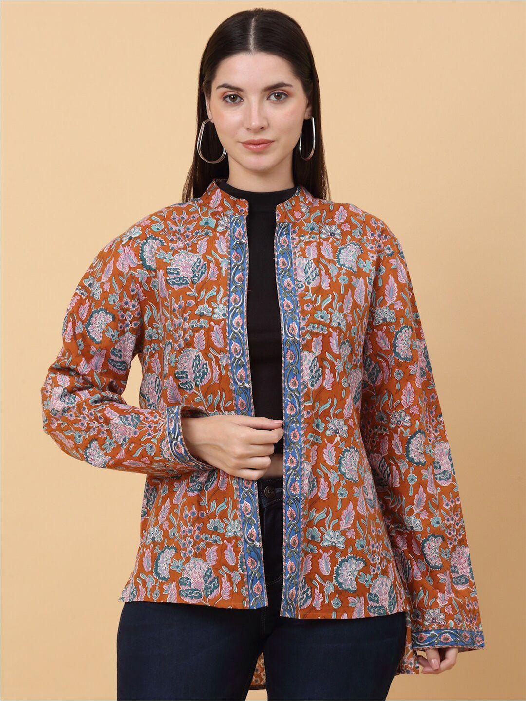 siavira floral printed mandarin collar long sleeves cotton open front jacket