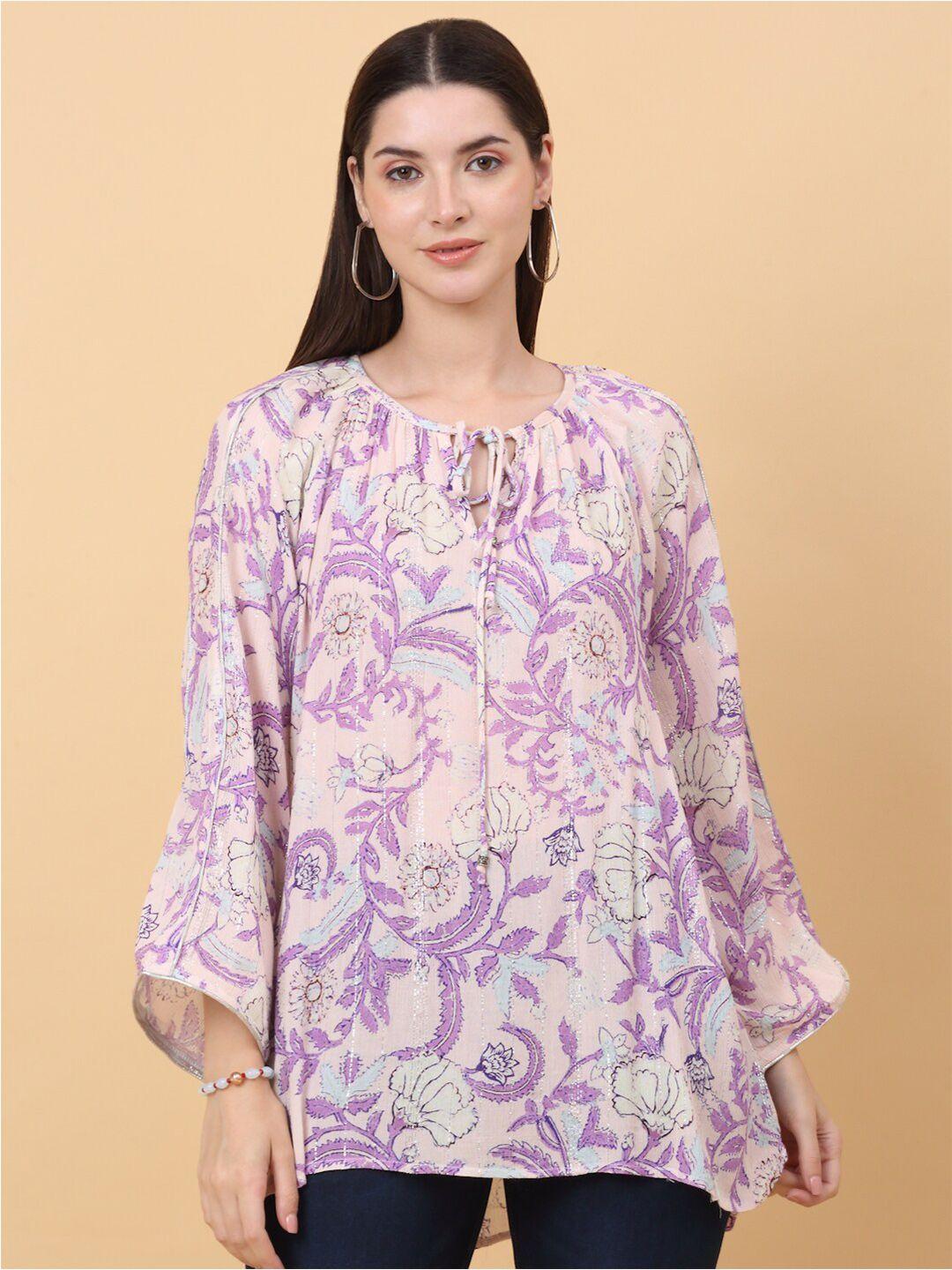 siavira floral printed tie-up neck bell sleeves casual regular opaque top
