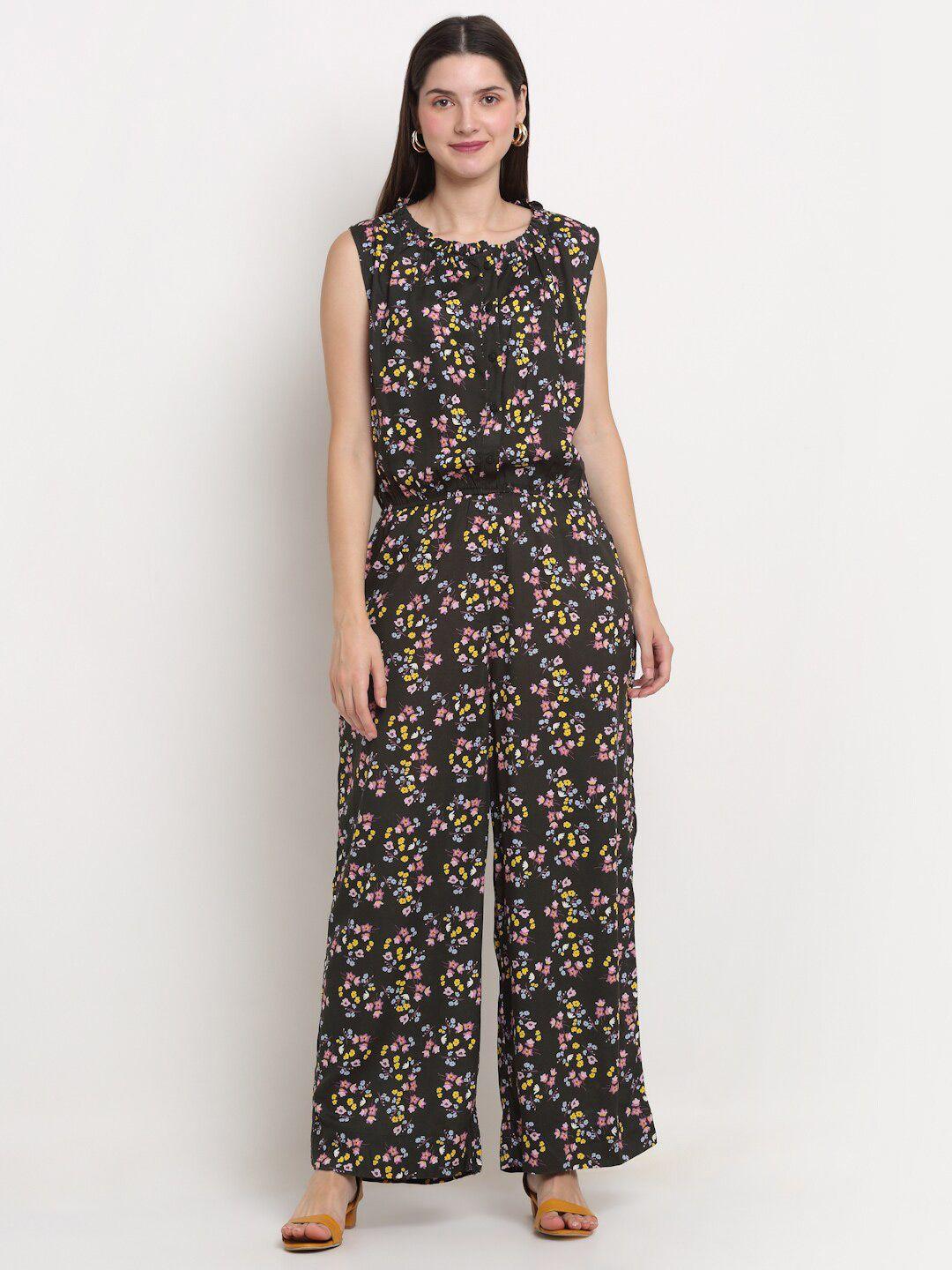 siavira olive green & yellow halter neck printed basic jumpsuit