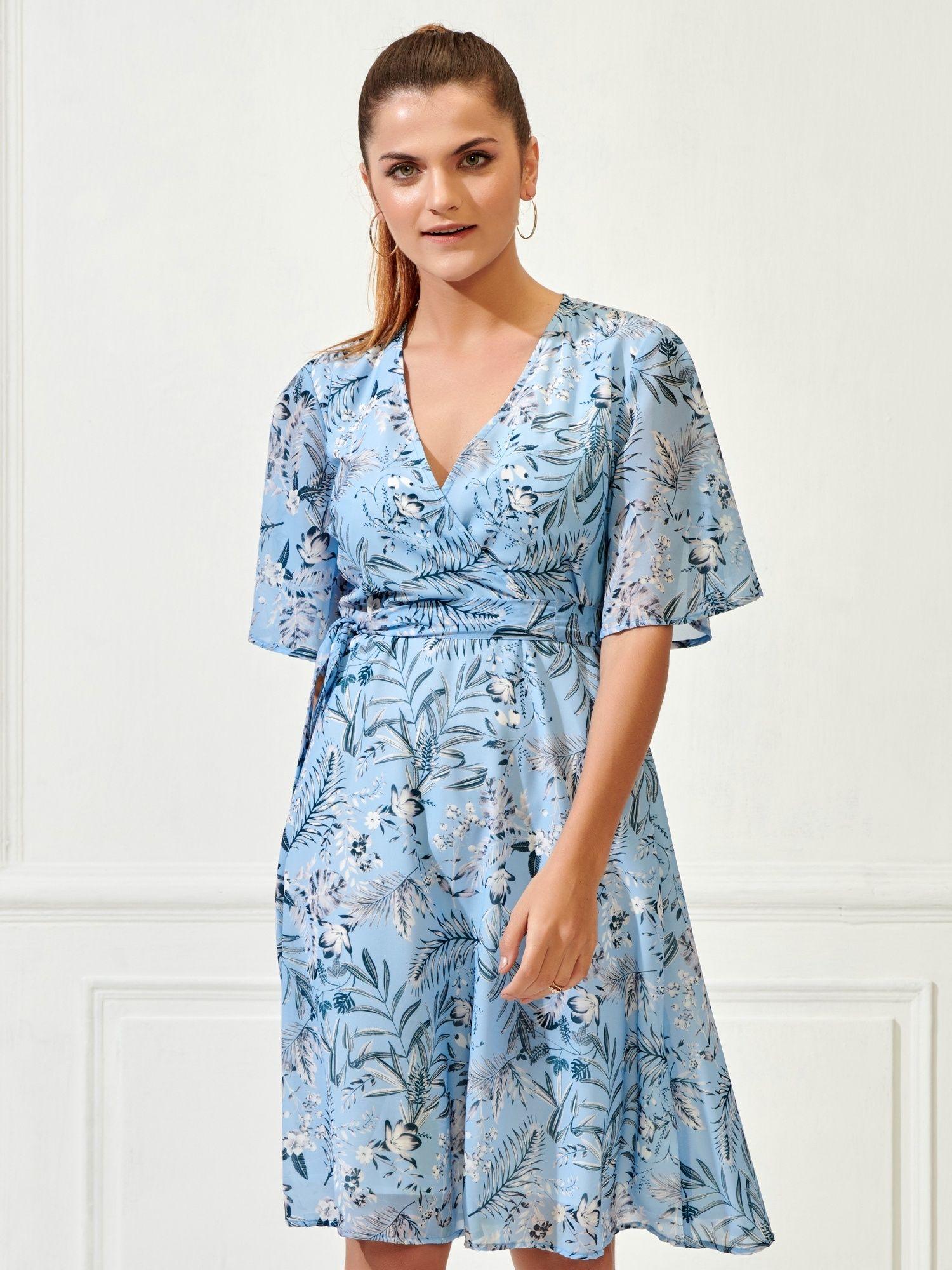 sidc15 blue bell sleeves floral dress for women