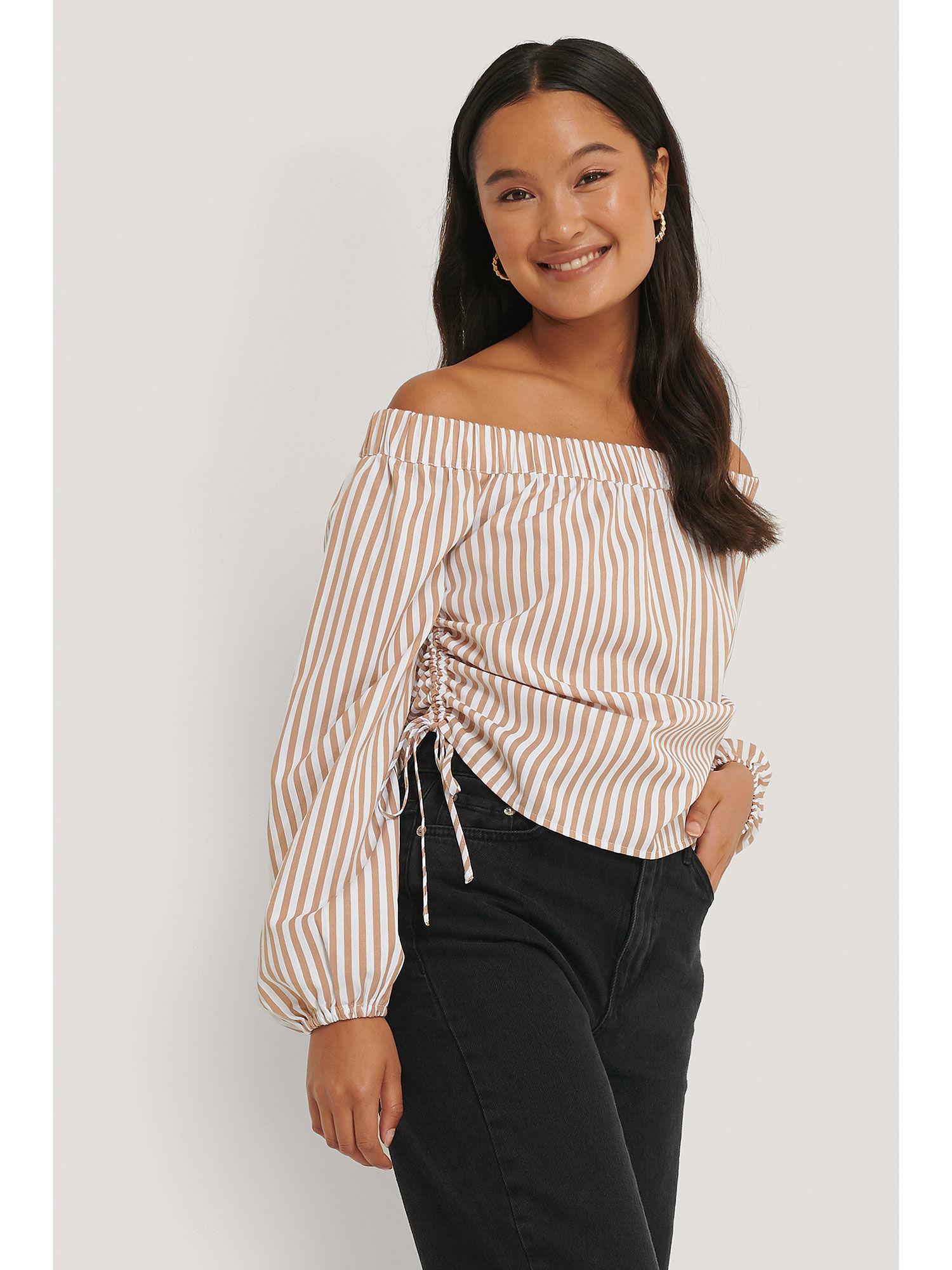 side drawstring blouse-white/beige stripe