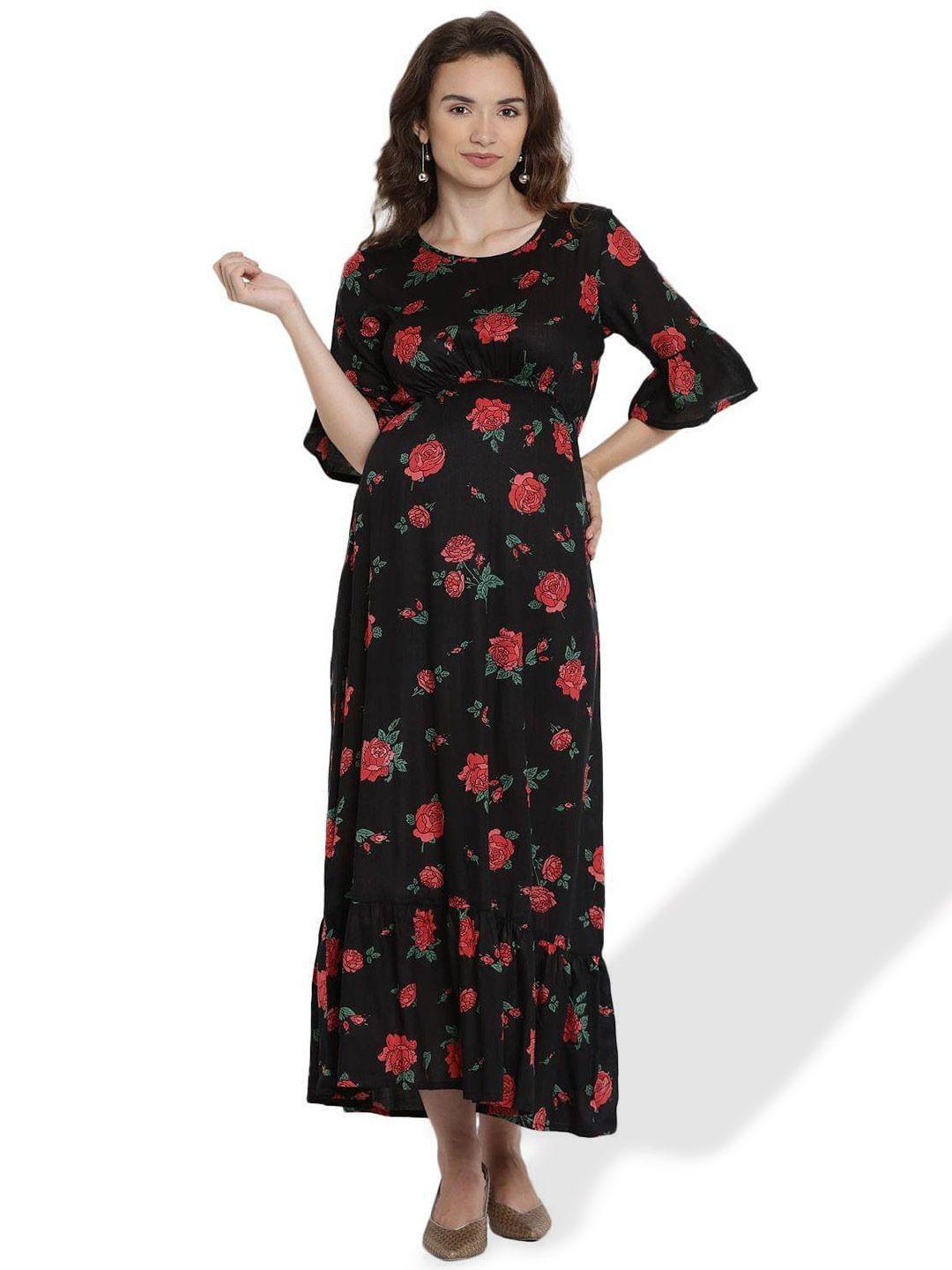 side knot black floral print maxi dress