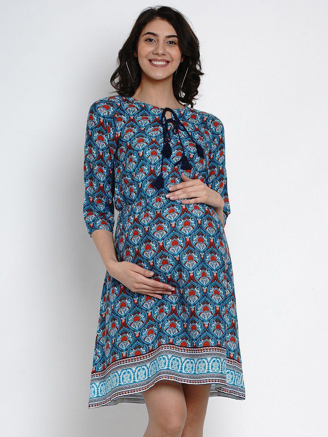 side knot ethnic motifs printed v-neck a-line maternity dress