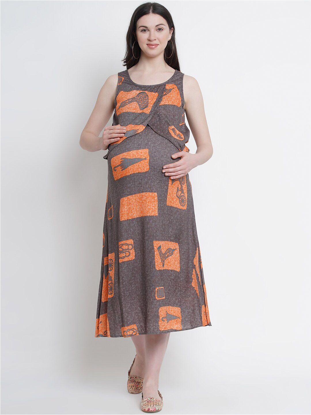 side knot orange print a-line midi dress