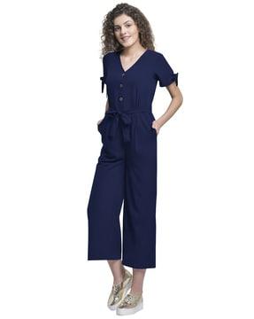 side pockets jumpsuit with tie-up sleeves