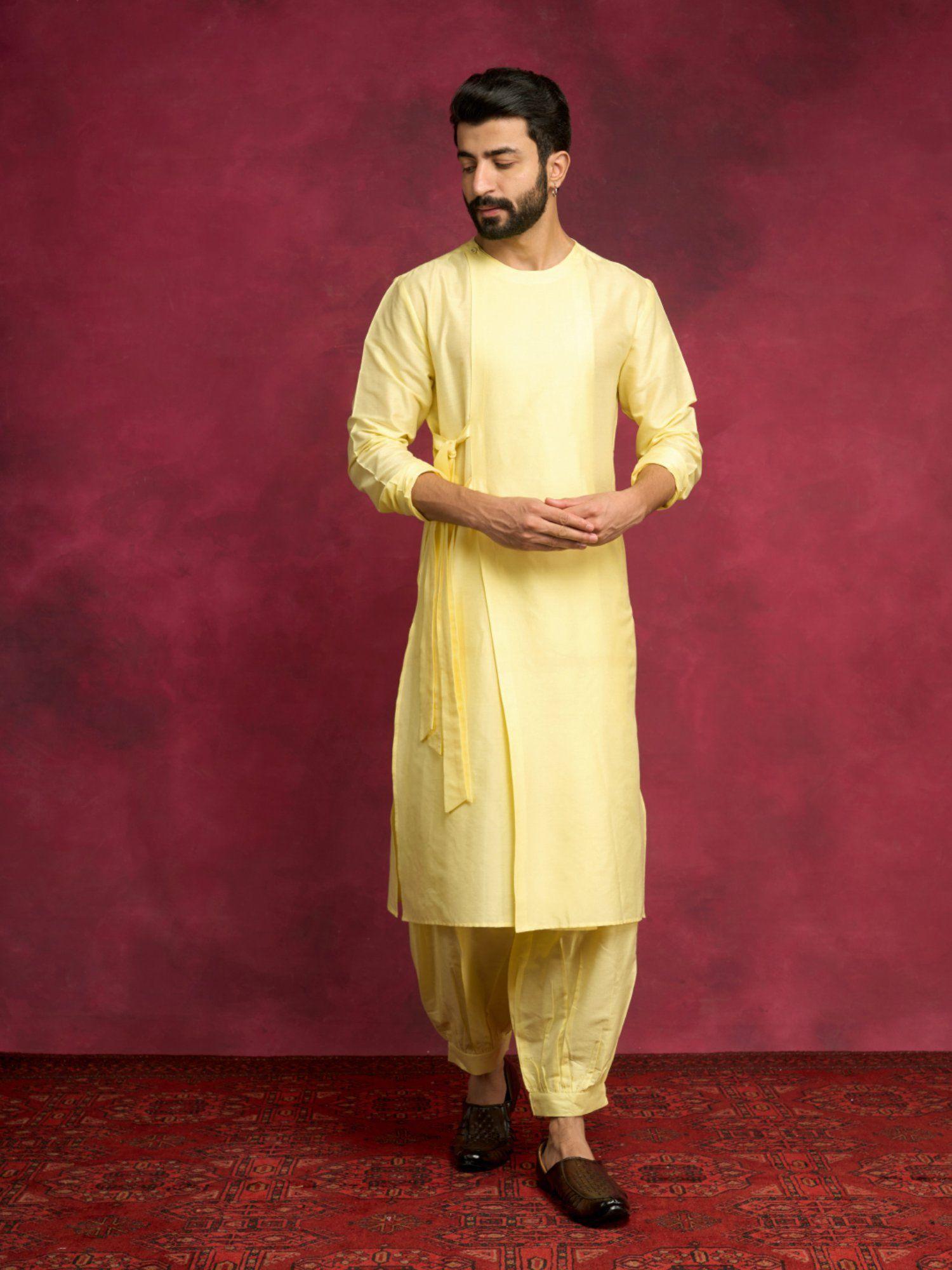 side tie-up kurta paired with pathani pants-lemon yellow (set of 2)