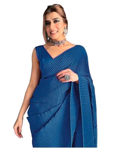 sidhidata women's full crushed/pleated satin saree with unstitched blouse piece (b rama)