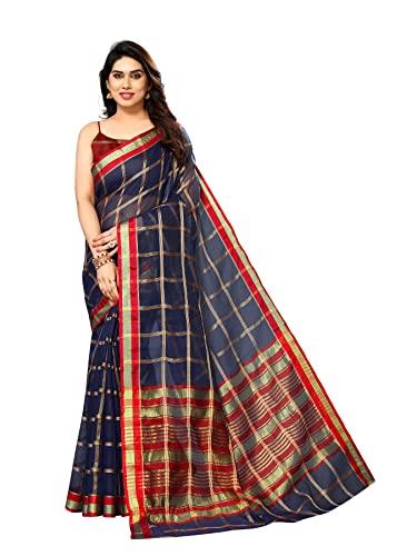 sidhidata women's kota doria cotton checks saree with unstitched blouse piece (selfiee navy blue_navy blue_free size)