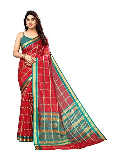 sidhidata women's kota doria cotton checks saree with unstitched blouse piece (selfiee red_red_free size)