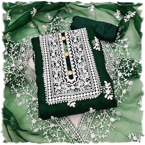 sidhidata women's organza embroidered unstitched salwar suit dress material with embroidery work dupatta (dm humtum bottle green_bottle green_free size)