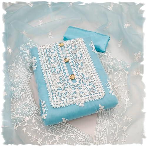 sidhidata women's organza embroidered unstitched salwar suit dress material with embroidery work dupatta (dm humtum sky blue_sky blue_free size)