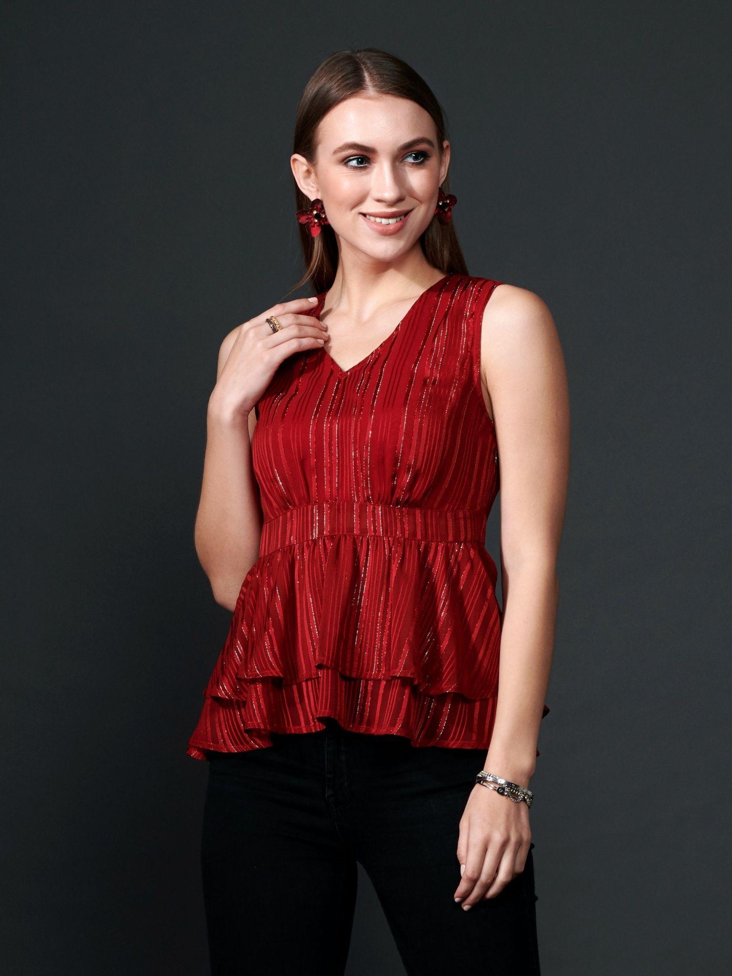 sidp15-02 red twin layer peplum top for women