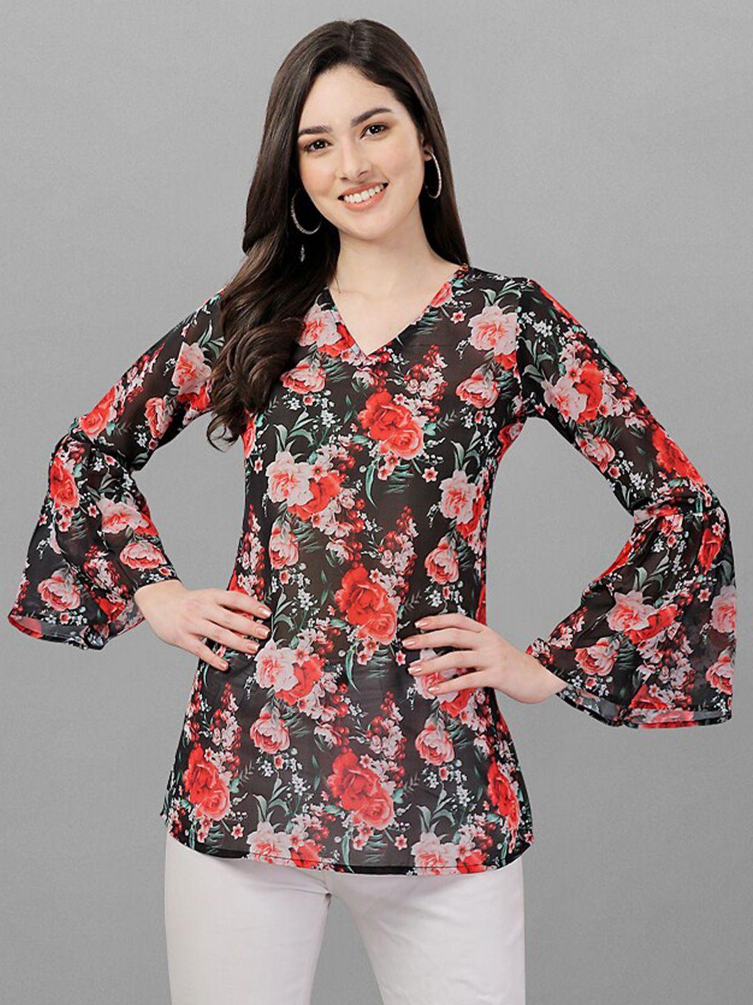 sidyal black floral print bell sleeve georgette top