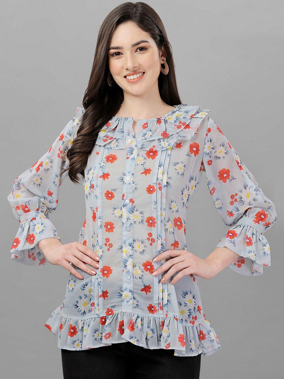 sidyal blue floral print bell sleeve georgette top