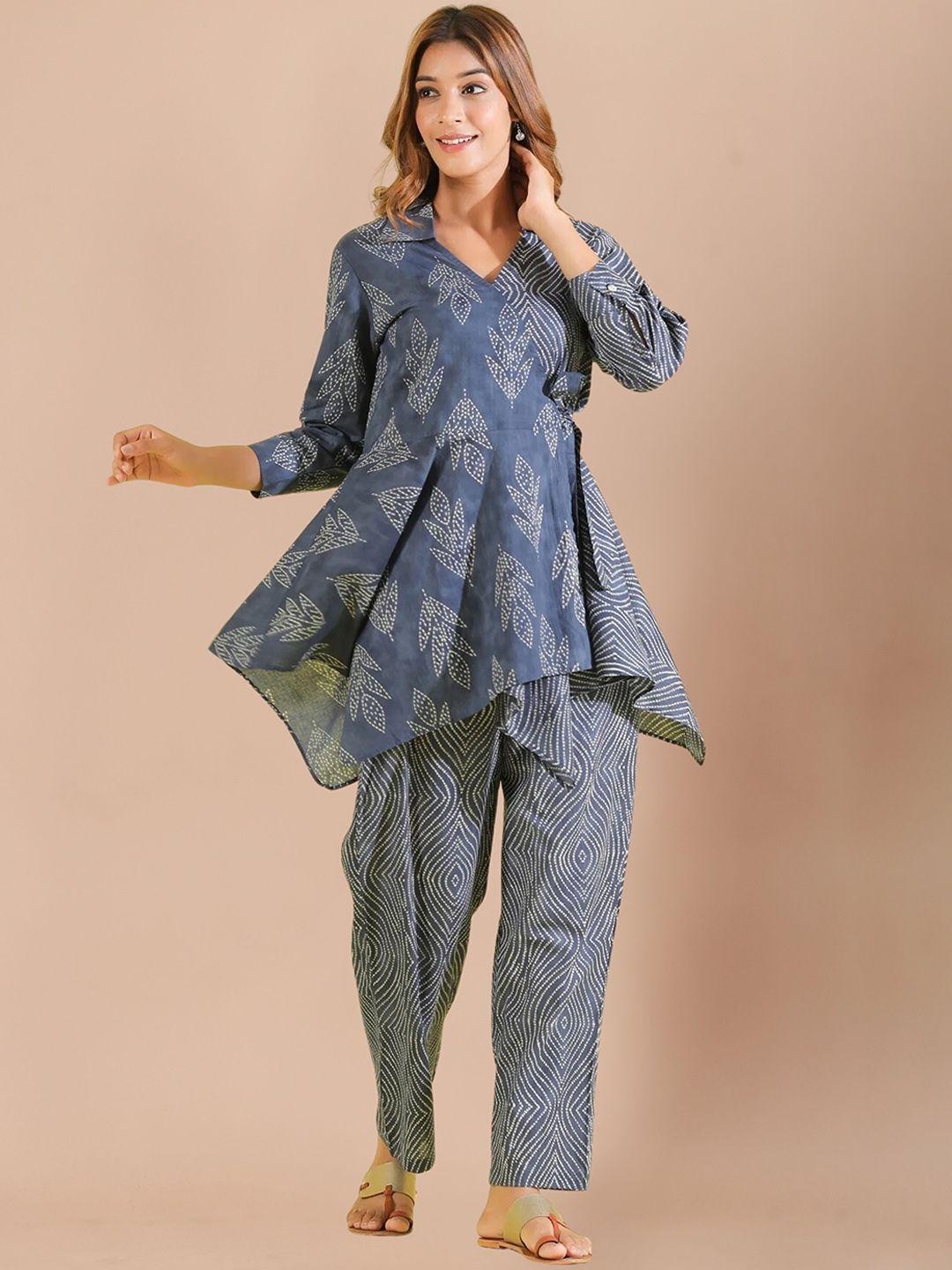 sidyal ethnic motif printed shirt collar angrakha style tunic and trousers co-ords